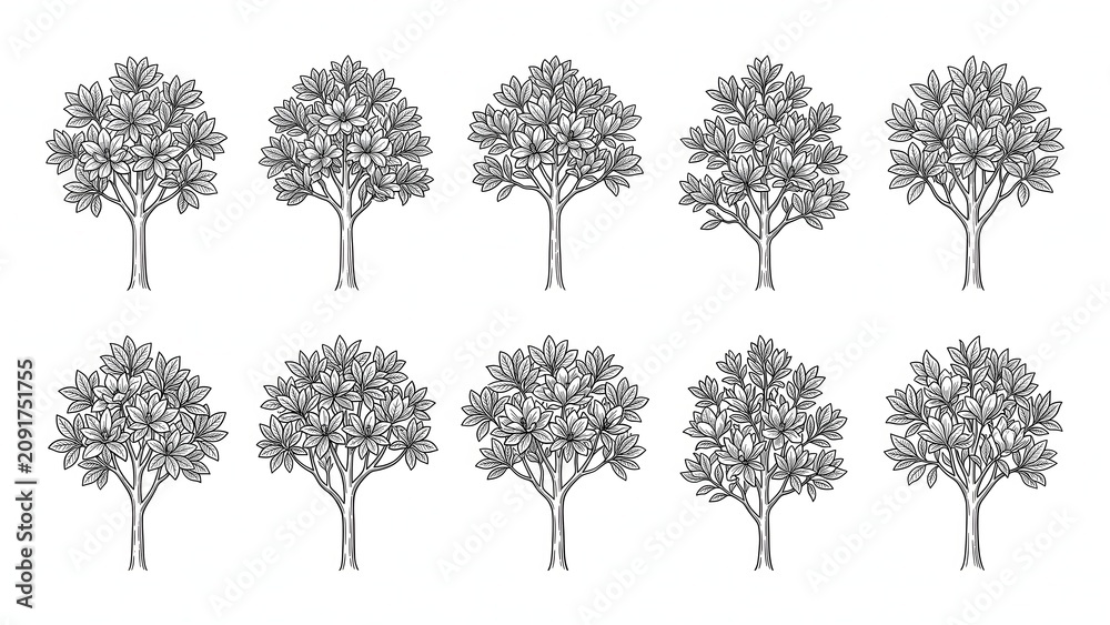 Fototapeta premium Set of Hand Drawn Dense Magnolia Flower Trees Vector Illustration