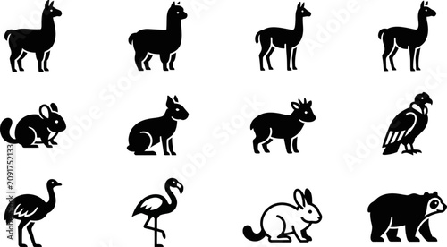 Bild auf Leinwand Collection of black and white wild animal silhouettes icons.