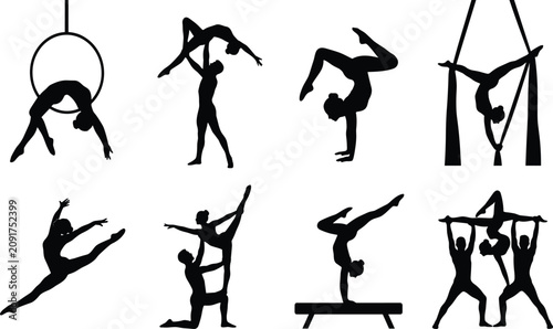 Billede på lærred Acrobatics and gymnastics silhouettes set featuring aerial hoop silks contortio