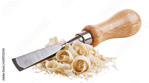 Quadro su tela Sharp metal chisel with wooden handle resting on wood shavings, isolated on tran