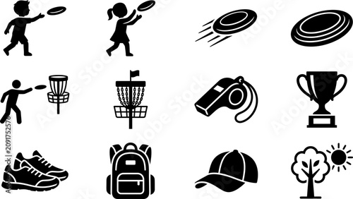 Bild auf Leinwand Set of black and white icons for disc golf sports and recreational activities
