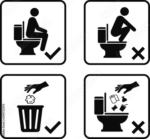 Принти на полотні Toilet etiquette icons, bathroom signs, do's and don'ts, toilet usage guidelines
