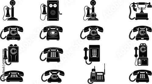 Photos Retro Telephone Icons, Vintage Phone Symbols, Black Telephones, Communication Lo