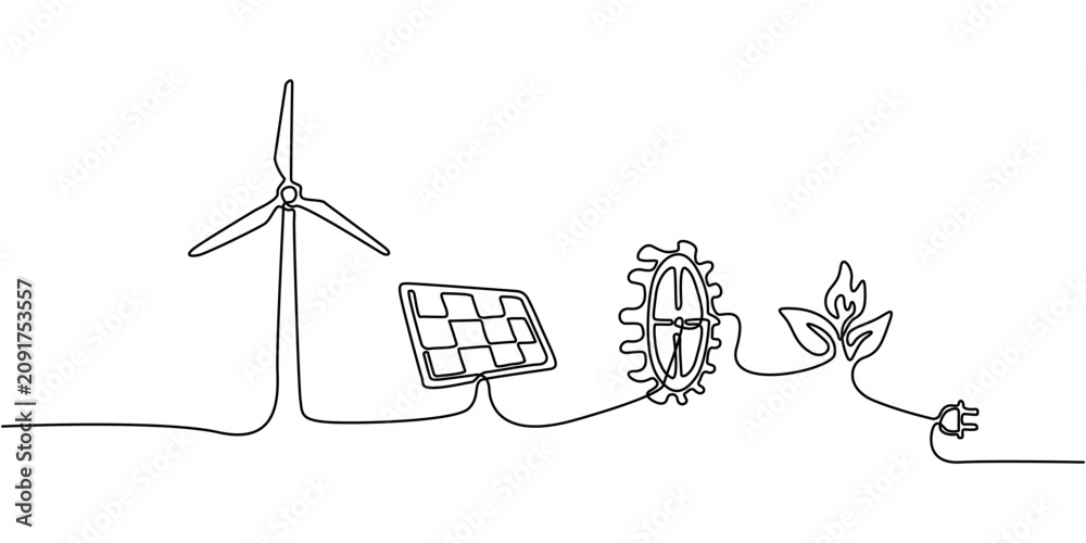 Fototapeta premium Continuous Line Drawing Of Renewable Energy Infrastructure Concept With Wind Turbine Solar Panel Water Mill Biomass And Electric Plug
