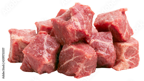 Принти на полотні Raw beef stew meat cubes marbled with fat, isolated on transparent background