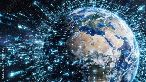 Global Digital Network Connecting Earth with Data Streams and Light Trails, Futuristic Technology Concept
