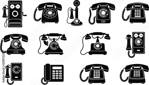 Foto Vintage Telephone Icons, Retro Phone Illustrations, Black and White Telephones,