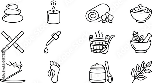 Fotografía Spa and Wellness Line Art Icon Set Featuring Hot Stone Massage, Aromatherapy, Sa