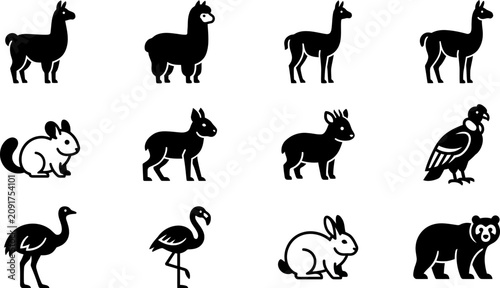 Foto Set of black and white icons representing South American animals and wildlife