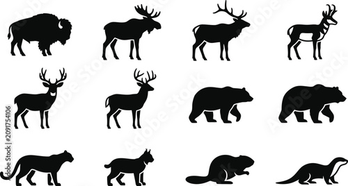 Photography Set of silhouettes of North American wild animals including bears and deer