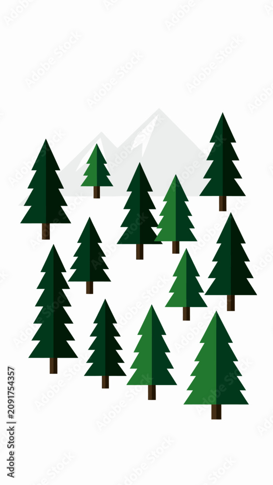 Obraz premium A vibrant vector illustration depicting a peaceful forest scene with towering mountains, perfectly isolated on a crisp white background with distinct clean lines