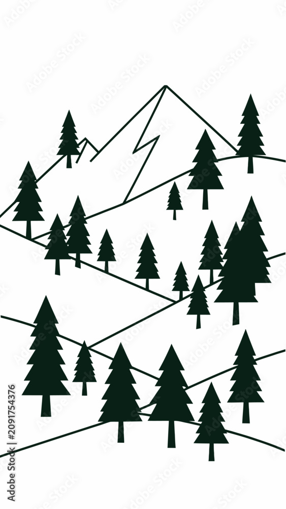 Obraz premium Clean lines vector landscape illustration with mountains and pine trees, isolated on a white background