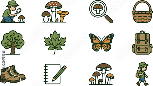 Konstfotografi Set of cute hand drawn nature exploration and mushroom foraging icons