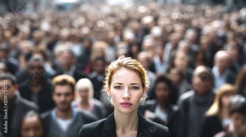 A woman stands confidently at the center of a large crowd. This powerful image captures individuality amid many expressions. 