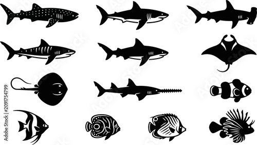 Canvas Print Collection of various marine animals and fish silhouettes.
