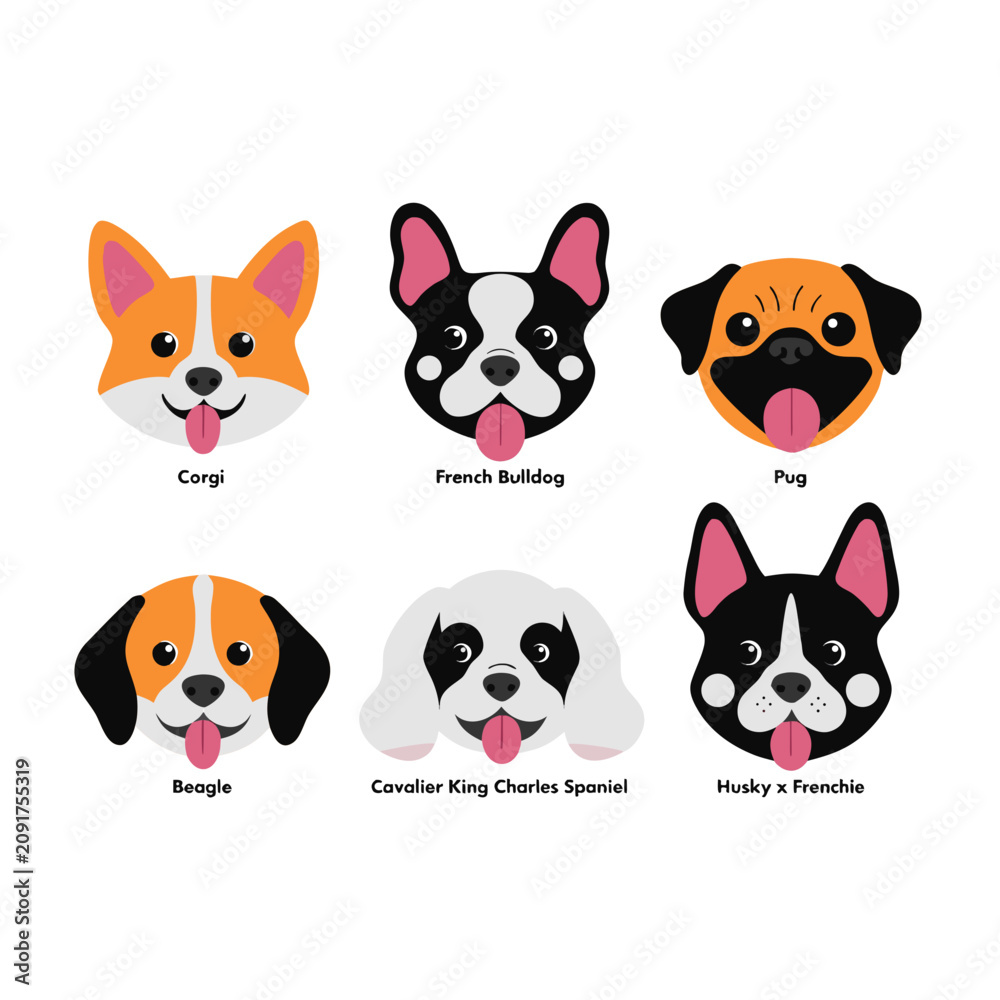 Fototapeta premium Set of cute dog breed faces in flat vector style
