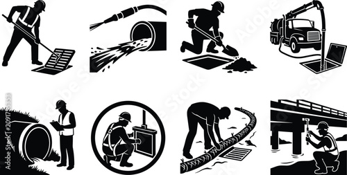 Sewer maintenance and drainage system repair icon set featuring municipal utility workers and vacuum truck silhouettes