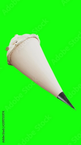 Plastic piping bag filled with creamy white frosting and metal star nozzle animated on green screen background, vertical video.
