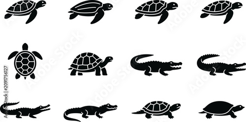 Bild auf Leinwand Set of Reptile Silhouettes Featuring Turtles and Crocodiles.