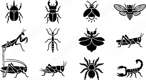 Εκτύπωση καμβά Set of black insect icons featuring various beetles and bugs.