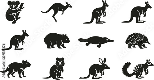 Cuadro en lienzo Set of Australian animals and marsupials silhouettes icons.