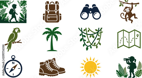 Canvas Print Set of jungle adventure and hiking themed icons.