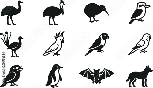 Fotografía Set of Australian animal silhouettes featuring birds and native wildlife