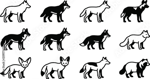 Schilderij op canvas Set of monochrome fox and canine silhouettes in various poses.
