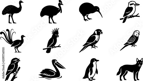 Photos Set of black silhouette icons featuring Australian wildlife birds and a dingo