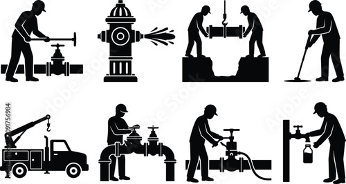 Water utility maintenance and pipeline repair icon set featuring municipal worker silhouettes and fire hydrant