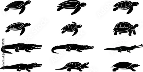 Foto Set of black silhouettes of turtles and crocodiles on white background