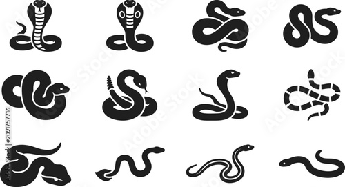 Billede på lærred Collection of various snake silhouettes and serpent icons.