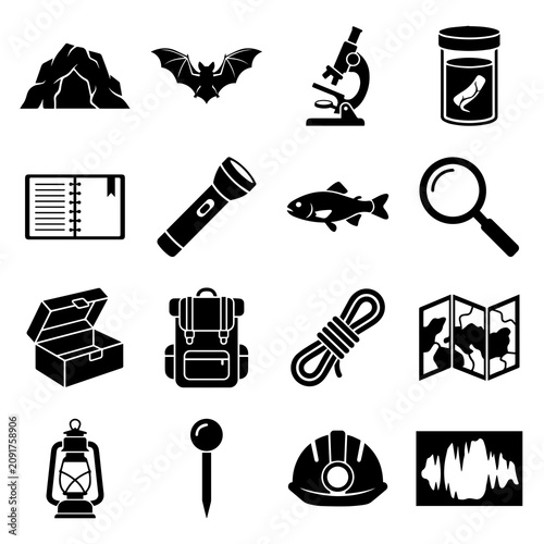 Bild auf Leinwand Speleology cave research and mountain exploration icons magnifying glass
