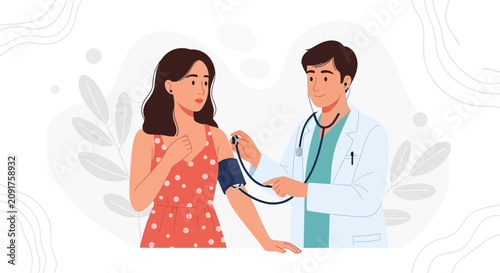 Doctor measuring patient's blood pressure with stethoscope and sphygmomanometer - vector illustration