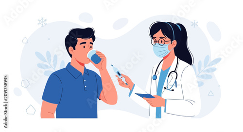 Doctor Measuring Patient's Temperature and Providing Care During Illness