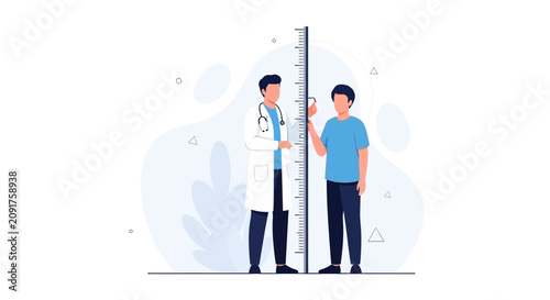 Doctor measuring patient's height with stadiometer in a minimalist, modern illustration style