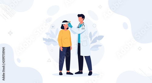 Doctor measuring patient's temperature with digital thermometer, healthcare concept, vector illustration