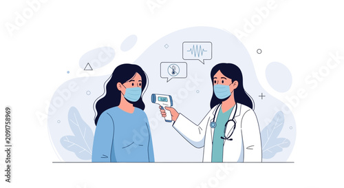 Doctor measuring patient's temperature with non-contact thermometer, healthcare concept during pandemic, flat vector illustration