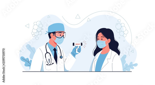 Doctor measuring patient's temperature with infrared thermometer, wearing masks and protective gear, representing healthcare and safety protocols.