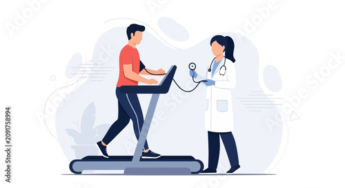 Doctor monitoring patient on treadmill during stress test for cardiovascular health checkup