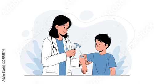 Doctor Performing Reflex Test on Child with Neurological Hammer - Vector Illustration