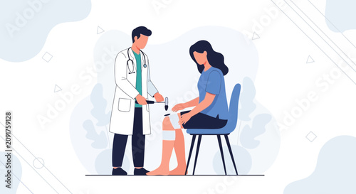 Doctor performing reflex test on patient's knee, medical check-up, healthcare consultation, diagnosis, modern flat illustration