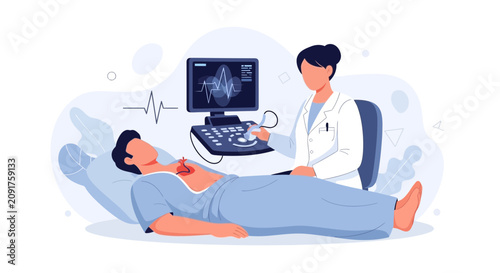 Doctor performing ultrasound on patient's chest, displaying heart rhythm on screen, medical diagnostic concept