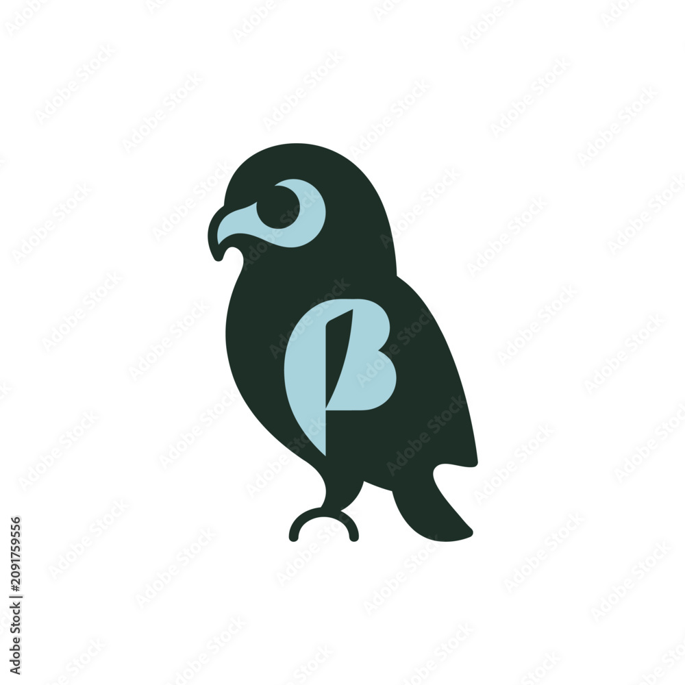 Fototapeta premium Minimalist owl bird logo icon featuring bold geometric shapes and soft blue accents on white background