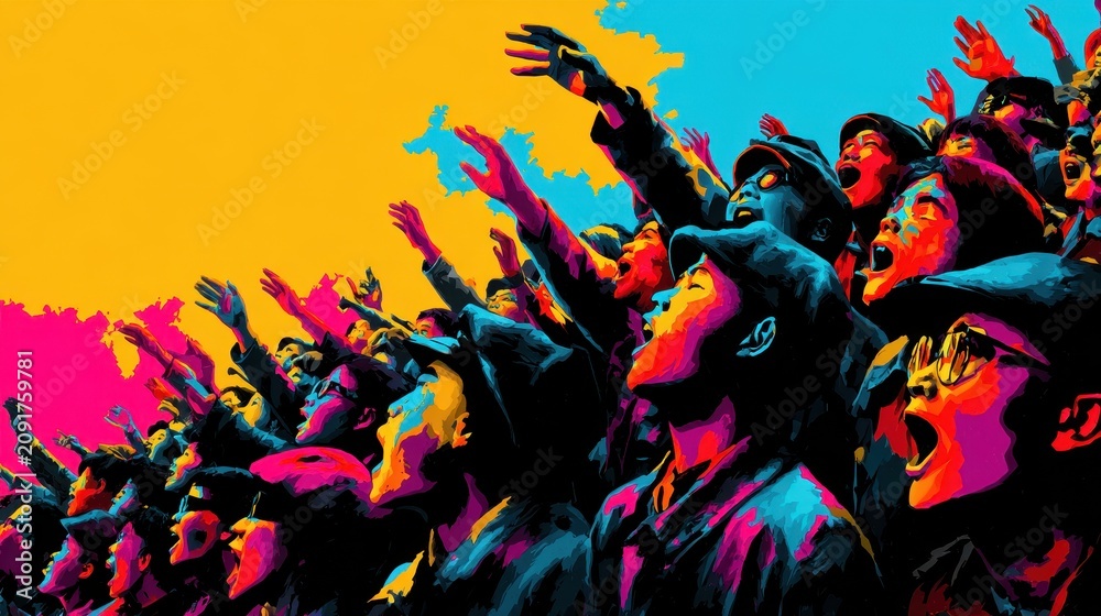 Obraz premium Diverse Crowd of People at Concert with Raised Hands and Loud Cheers