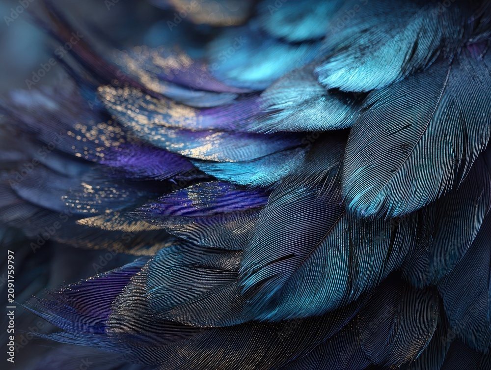 Obraz premium Close-up of colorful bird feathers with iridescent blue and purple hues and intricate textures