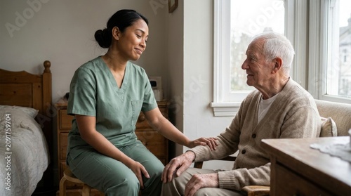 Calm home health worker rests on a stool beside an elderly man near a bright bedroom window, keeping one reassuring hand on his sleeve while a quiet smile preserves dignity and human connection