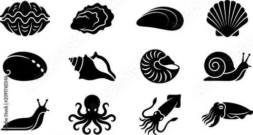 Obraz na plátne Set of monochrome black icons featuring various marine mollusks and sea creatures