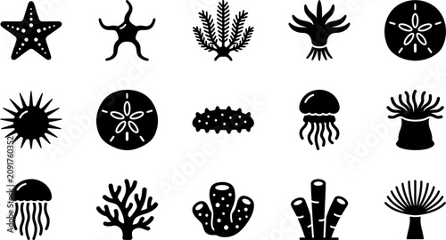 Collection of black silhouette icons representing various marine life species.