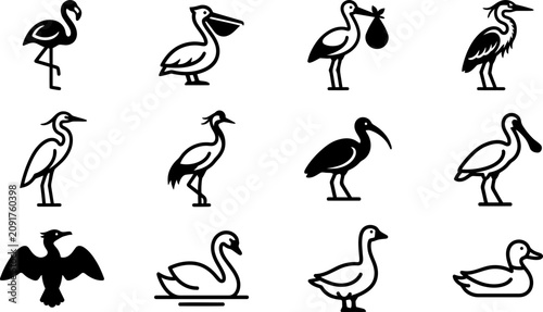 Bild auf Leinwand Set of minimalist black and white water bird icons.